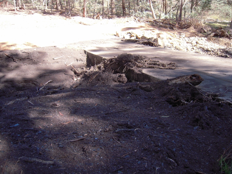 Limestone Track crossing, Tarilta Creek, March 2012: the silt stacked against the bridge has been washed down the valley after a DSE 'ecological burn'.