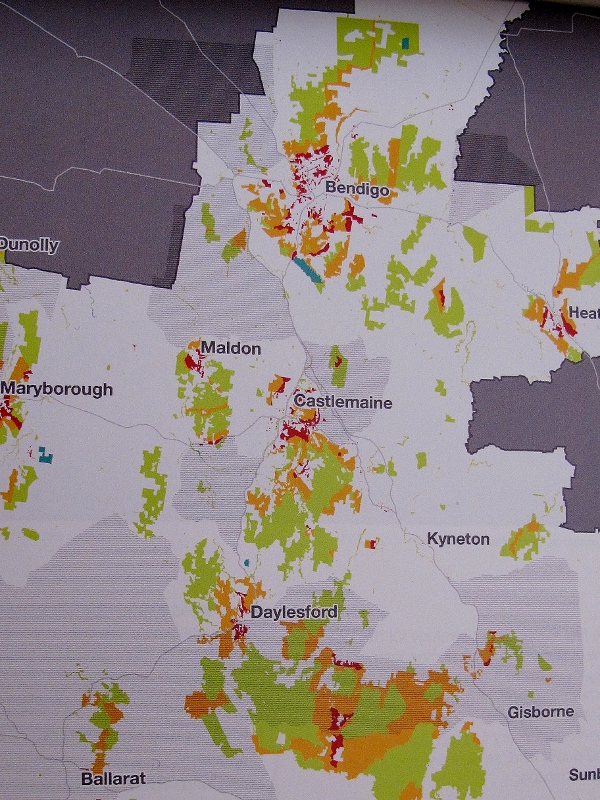 Fuel management map: the grey areas are 'priority fuel management areas. In our area they're north and west of Castlemaine, Maldon and the Midland Highway. 40% of planned burning on public land will be in these areas...which are mostly private land.