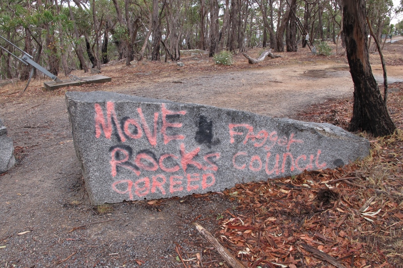 Granite blocks across the track near Lang's Lookout. They increase the walking distance to the lookout by about 100 metres, but that's enough to cause anger, in a culture that privileges car access. 